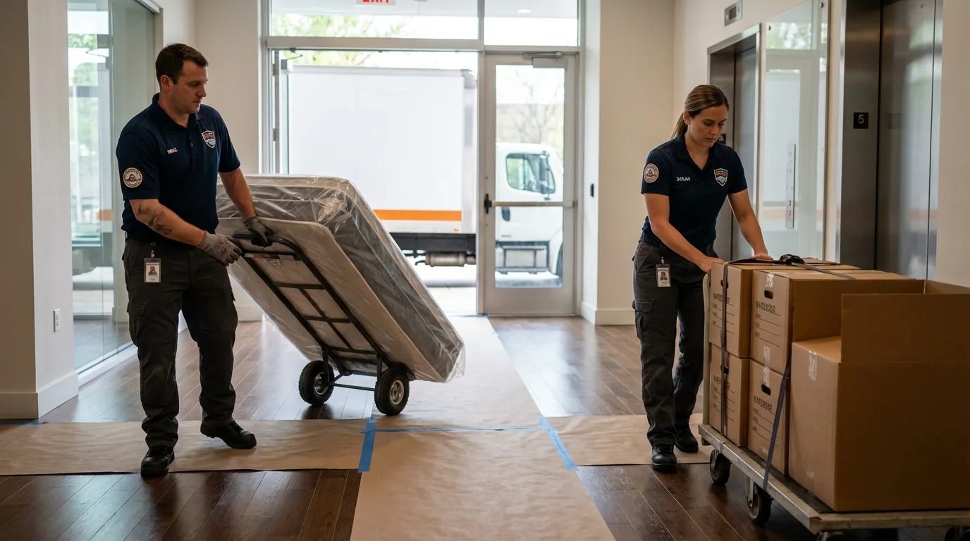 Professional apartment movers loading elevator in Mount Washington, KY