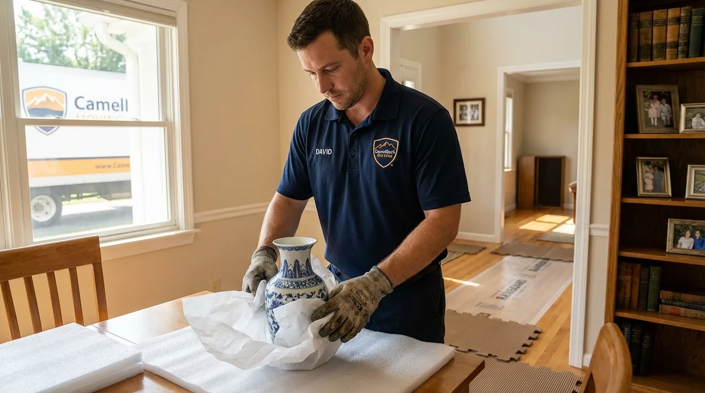 Professional crew carefully wrapping antique vase for senior downsizing move in Mount Washington, KY